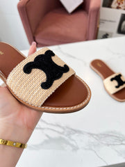 LYMPIA MULE BEIGE RAFFIA BLACK WOOL LOGO