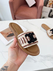 LYMPIA MULE WHITE MIX BROWN RAFFIA BLACK LOGO