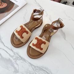 TRIOMPHE SANDALS BEIGE RAFFIA BROWN WOOL