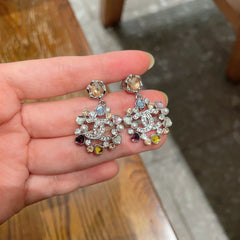 DOUBLE C STUD EARRINGS IN SILVER METAL WHITE PEARL MULTICOLOR STONES