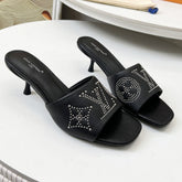 HIGH MULE IN BLACK LAMBSKIN WITH RHINSTONES 55 MM