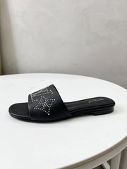 FLAT SLIDE IN BLACK LAMBSKIN WITH RHINSTONES