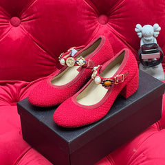 HIGH MARY JANE SHOES CHERRY RED WOOL TWEED