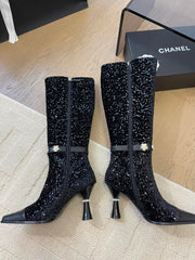 KNEE HIGH BOOTS IN BLACK CALFSKIN AND SEQUINS