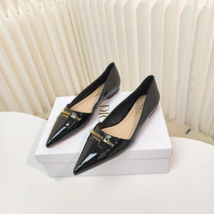 DIOR POINTED BALLET FLATS 25S IN BLACK GLOSSY LEATHER WITH GOLD HARDWARE