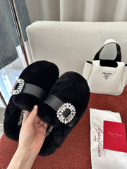 SLIDY VIV' MULES IN BLACK WOOL WITH STRASS BUCKLE
