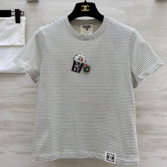 CC Beaded T-shirt Gray White Cotton