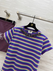CC Strip Beaded T-shirt Purple Cotton