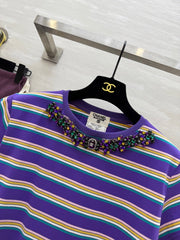 CC Strip Beaded T-shirt Purple Cotton