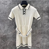 Stripe Accent Knit Polo Dress White Black Wool And Cashmere