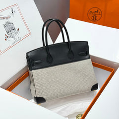 QUADRILLE BIRKIN 30CM IN BLACK SWIFT CALFSKIN WHITE BLACK PLAID TOILE CANVAS