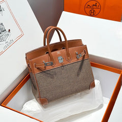 QUADRILLE BIRKIN 25CM IN GOLD SWIFT CALFSKIN AND BLACK/WHITE/BROWN TOILE CANVAS