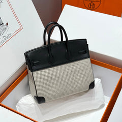QUADRILLE BIRKIN 25CM IN BLACK SWIFT CALFSKIN WHITE BLACK PLAID TOILE CANVAS