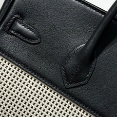 QUADRILLE BIRKIN 25CM IN BLACK SWIFT CALFSKIN WHITE BLACK PLAID TOILE CANVAS