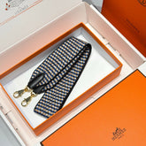 25S HERMES BAG STRAP BLUE PATTERN BORDERED BLACK 85 IN CANVAS GOLD HARDWARE