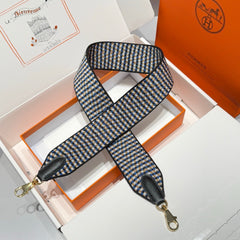 25S HERMES BAG STRAP BLUE PATTERN BORDERED BLACK 85 IN CANVAS GOLD HARDWARE