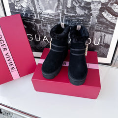 VIV' WINTER FUR STRASS BUCKLE ANKLE BOOTS IN BLACK SUEDE