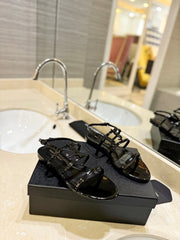 SL CASSANDRA FLAT SANDALS BLACK POLISHED CALFSKIN