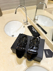 SL LOGO FLAT SANDALS BLACK POLISHED CALFSKIN