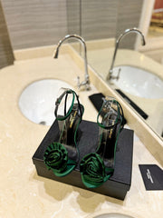 SL IVY FLORAL HEEL SANDALS DARK GREEN SATIN