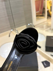 SL IVY FLORAL HEEL SANDALS BLACK SATIN