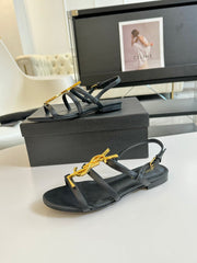 Yves SL Buckle Women Sandals Black Leather