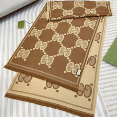 DOUBLE-SIDED SCARF 200 CM IN COFFEE AND TAN BROWN WOOL AND SILK 398287