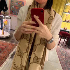 DOUBLE-SIDED SCARF 200 CM IN COFFEE AND TAN BROWN WOOL AND SILK 398287