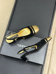 SLINGBACKS IN BLACK SUEDE AND GOLDEN LAMBSKIN