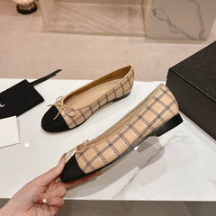 Double C New Ballet Flats Dark Cream Black Lambskin