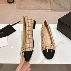 Double C New Ballet Flats Dark Cream Black Lambskin