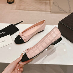 Double C New Ballet Flats Light Pink Black Lambskin