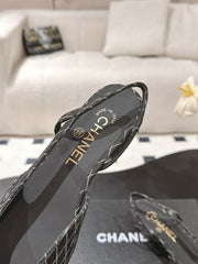 CC SLINGBACK 25S 25 MM IN BLACK DENIM WITH PLAID PATTERN