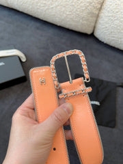 BELT 40MM IN CORAL CALFSKIN WITH INTERWOVEN CHAIN BUCKLE ZIPPER IN TRIM SILVER HARDWARE