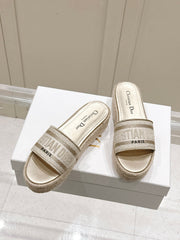 DWAY WEDGE SLIDES 45MM IN WARM GREIGE FABRIC RAFFIA SOLE