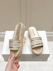 DWAY WEDGE SLIDES 45MM IN WARM GREIGE FABRIC RAFFIA SOLE