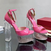 HIGH SANDAL 14CM IN BRIGHT PINK CALFSKIN AND TRANSPARENT PVC