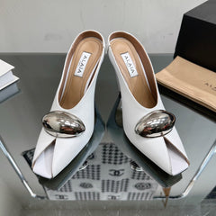 ALAIA AZZEDINE HIGH HEELS IN WHITE CALFSKIN WITH GOLD HARDWARE