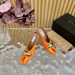 ALAIA AZZEDINE HIGH HEELS IN TANGERINE ORANGE CALFSKIN WITH GOLD HARDWARE
