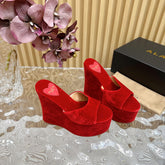 ALAIA PLATFORM WEDGE IN CHERRY RED VELVET WITH HEART EMBROIDERED