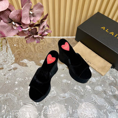 ALAIA PLATFORM WEDGE IN BLACK VELVET WITH HEART EMBROIDERED