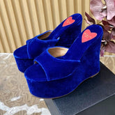 ALAIA PLATFORM WEDGE IN COBALT BLUE VELVET WITH HEART EMBROIDERED
