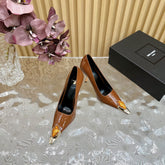 ORANGE GEM-STUDDED HIGH PUMPS IN BRONZE BROWN PATENT CALFSKIN