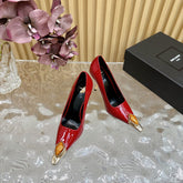 ORANGE GEM-STUDDED HIGH PUMPS IN RED PATENT CALFSKIN