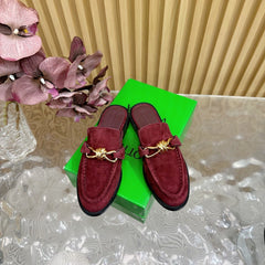 OPEN-BACK LOAFER REALISED IN GARNET RED SUEDE WITH SIGNATURE METALLIC KNOT DETAIL