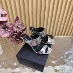 BALMAIN 25S MULES IN STRIPED LEATHER 95MM IN SILVER CALFSKIN