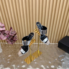 BALMAIN 25S MULES IN STRIPED LEATHER 95MM IN SILVER CALFSKIN