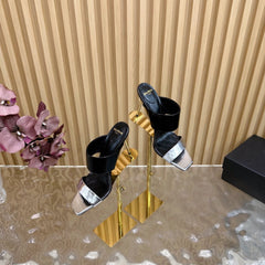 BALMAIN 25S MULES IN STRIPED LEATHER 95MM IN BLACK AND SILVER CALFSKIN