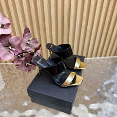 BALMAIN 25S MULES IN STRIPED LEATHER 95MM IN BLACK AND GOLD CALFSKIN