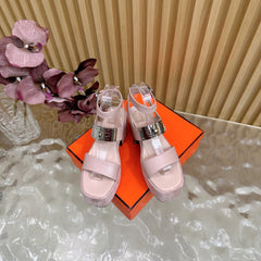 HM 25S CLASSIC WEDGE SANDALS 70 MM IN LIGHT PINK LAMBSKIN WITH SILVER HARDWARE